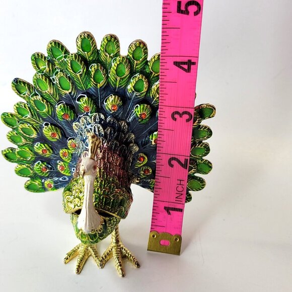 Peacock Decorative Box Trinket Jewelry Box Hinged Jeweled Gold Enamel Painted - Picture 10 of 13